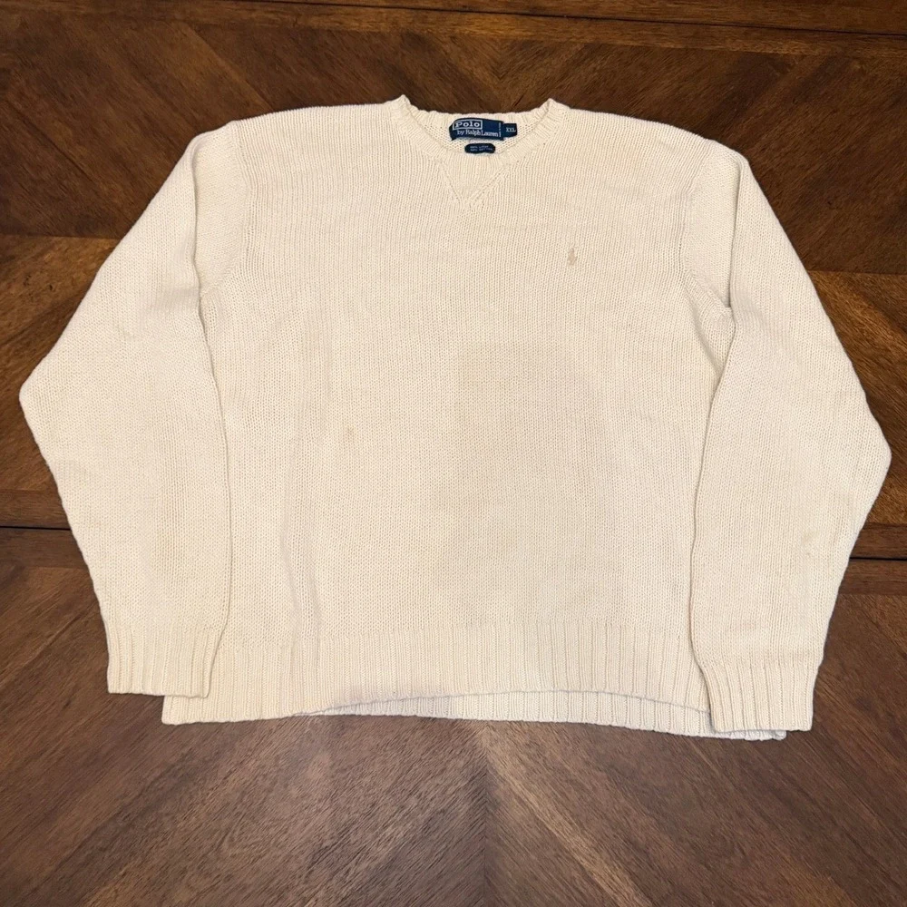 Polo Ralph Lauren Linen Cotton Sweater Mens XXL Cream Shaker Knit Pony Logo